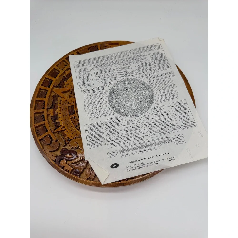 Handcrafted Aztec Sun Stone Wood Inlay Calendar Wall Art Mexico 11.5